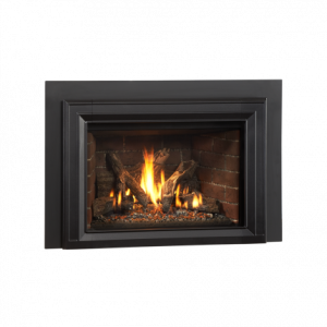 Traditional gas fireplace insert with rich flames and log set, featuring a dark frame and classic brick interior, isolated on a transparent background.