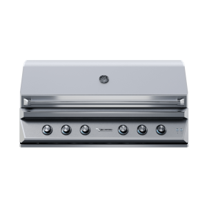 Large stainless steel outdoor grill with multiple control knobs and a sleek hood on a green background.